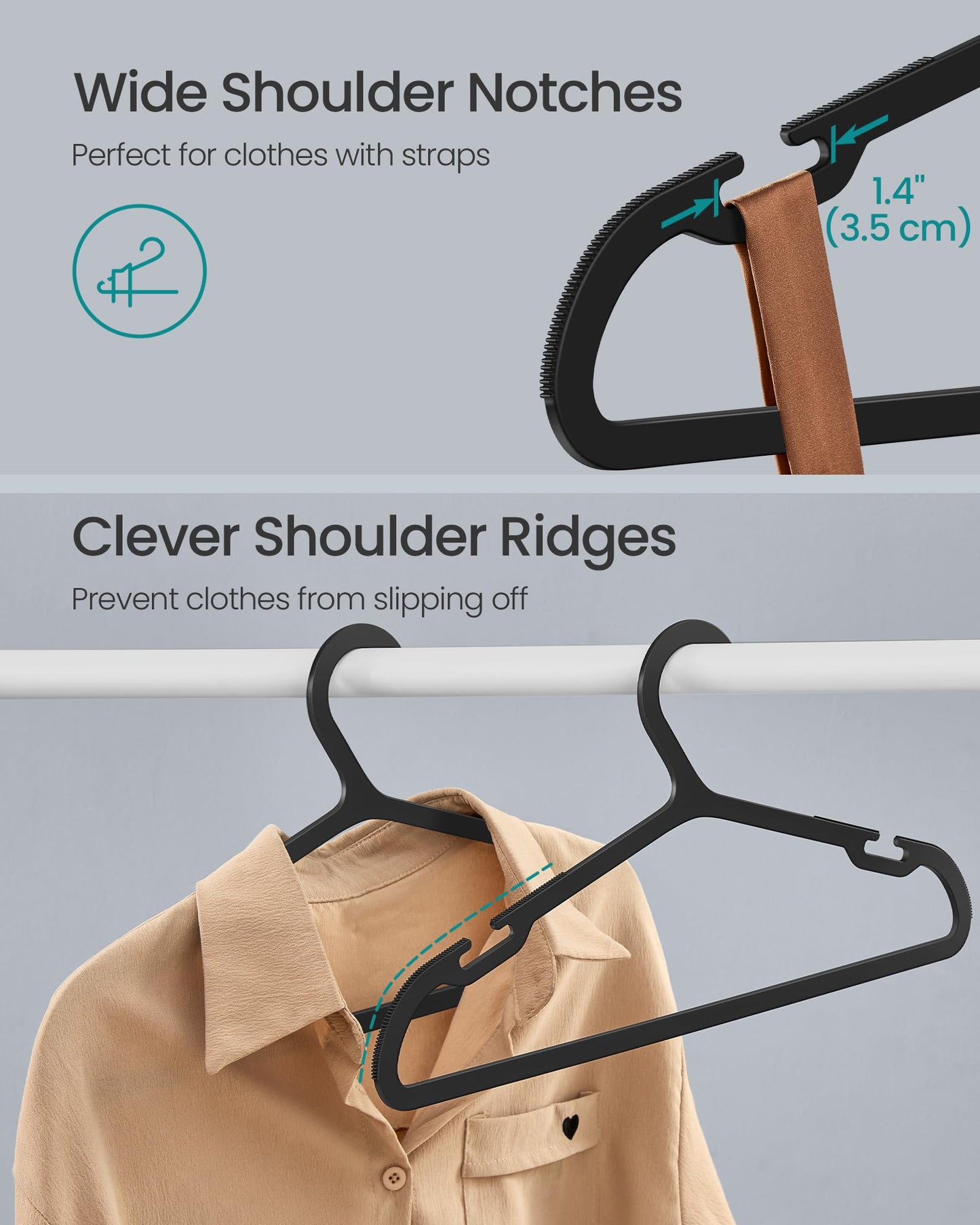 SONGMICS Clothes Hangers, Pack of 50, Plastic Hangers, with Wide Shoulder Notches, Space-Saving Coat Hangers, 16.4 Inches Wide, for Closet, Ink Black UCRP010B01