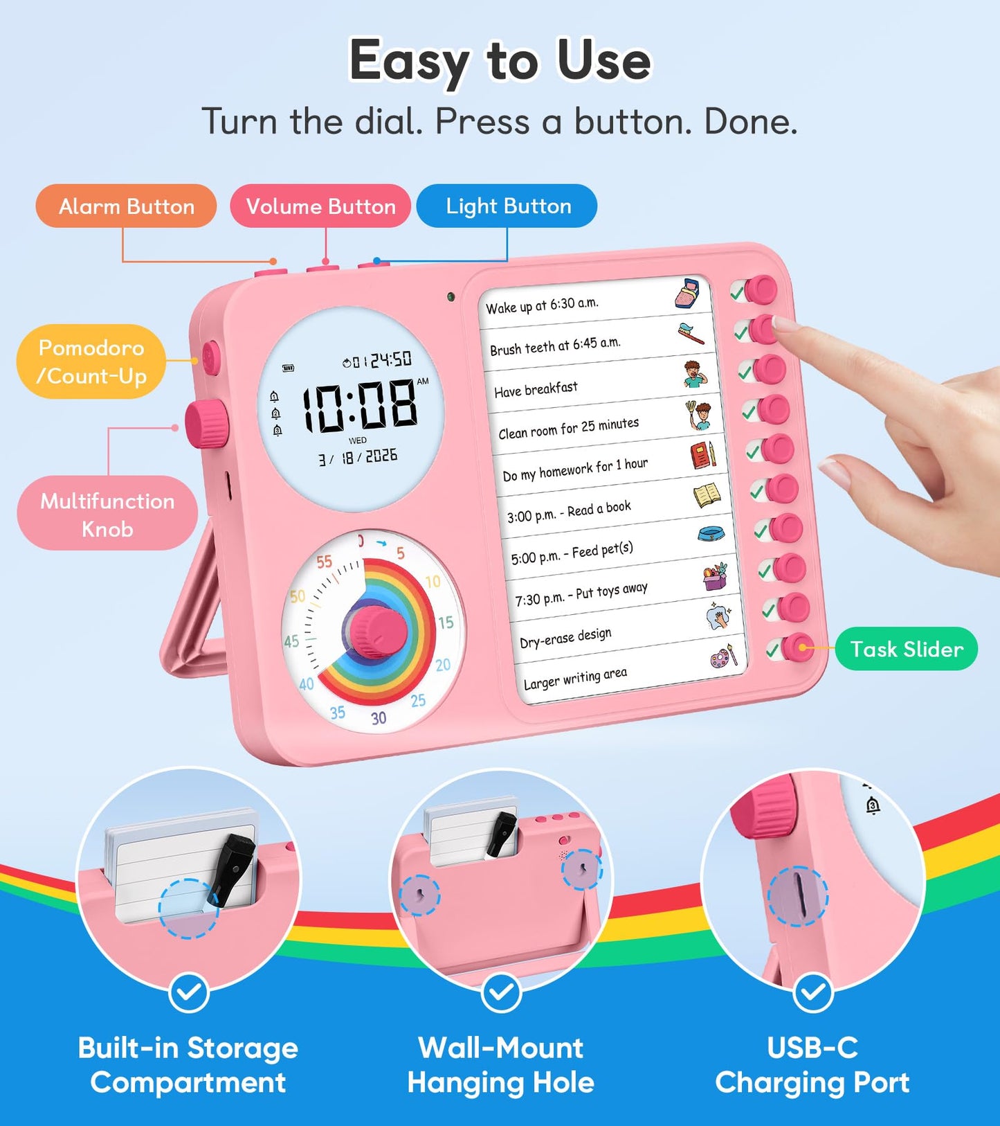 3-in-1 Visual Timer & ADHD Tool for Kids – ADHD Task Timer for Adults with Visual Schedule, Chore Chart & Planning Board for Home, School, Classroom, Work (Pink)