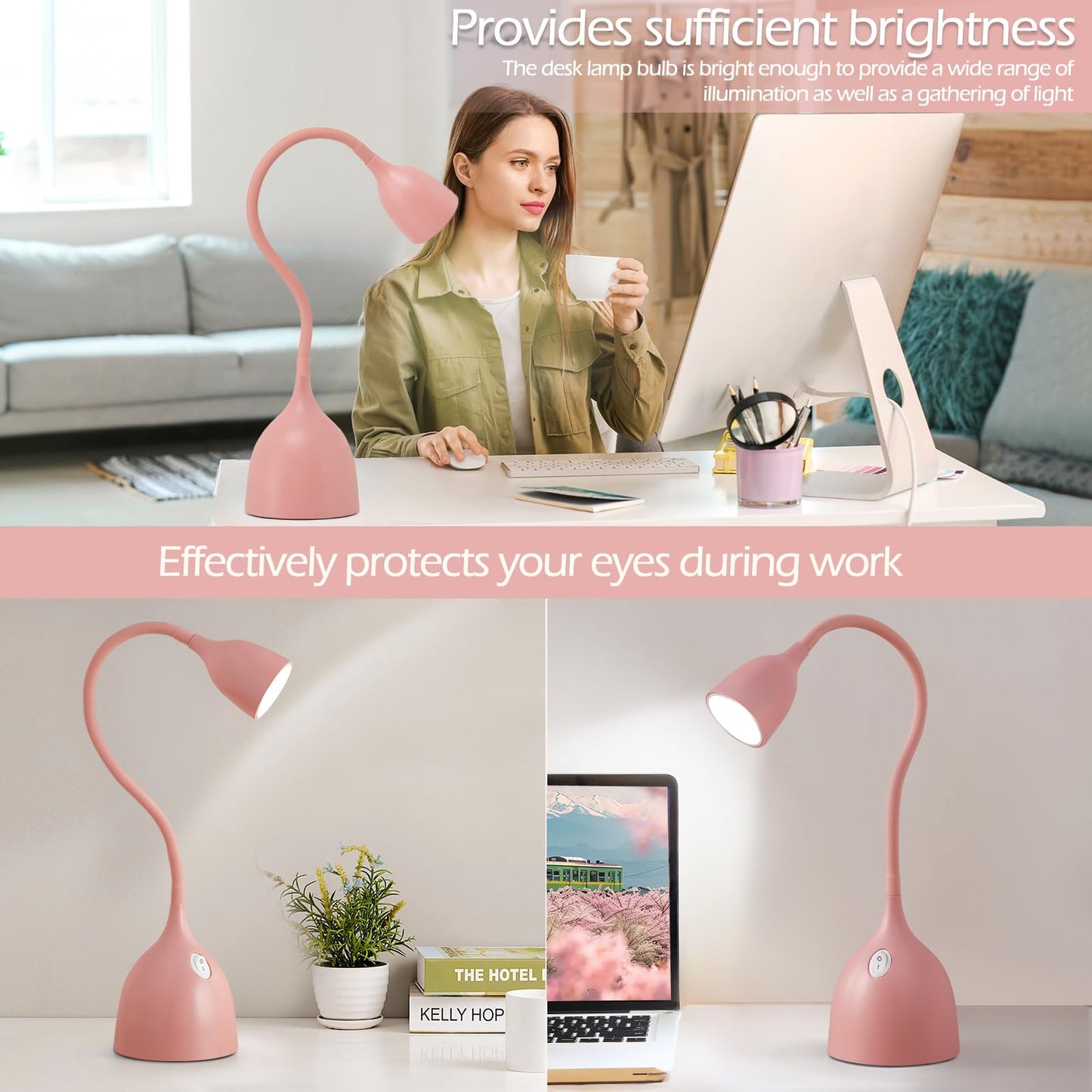 EJIAXIN Gooseneck Desk Lamp 360° LED Flexible Reading Light Small Desk Lamps for Small Spaces Home Office Bedroom College Dorm Desk Bookshelf Nightstand Table Lamp (Pink)