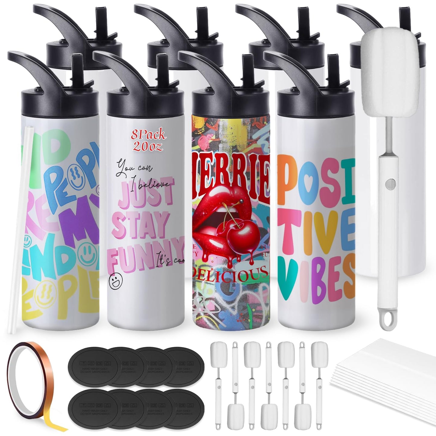 20oz Sublimation Cup Set for Cup Heat Press Machine, Cafultgo 8-Pack with Lid & Straw, Double Wall Insulated, Great for Travel & Outdoor (8)