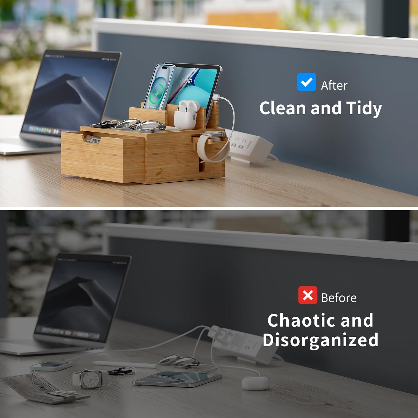 Pezin & Hulin Bamboo Charging Station with Lined Tray & Drawer, Desktop Dock Organizer with USB Wall Charger, Compatible with Tablet, Cell Phone, Earbuds, Smartwatch, and More