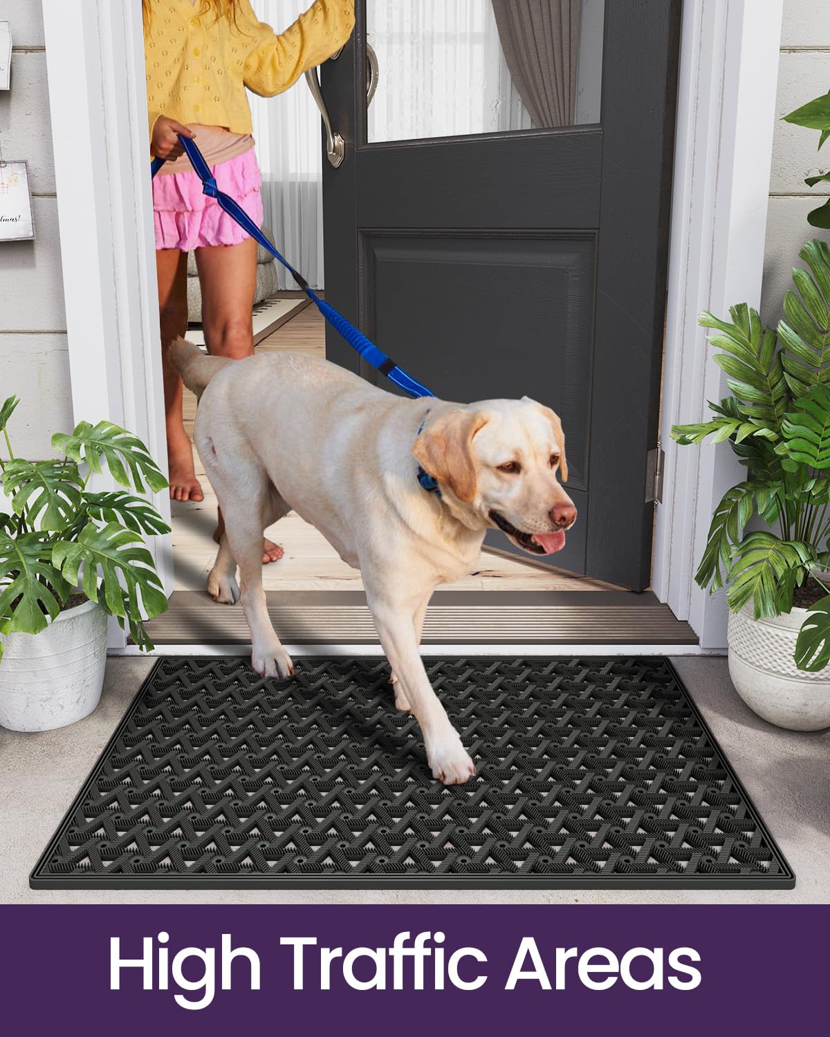 DEXI Rubber Front Door Mat Outside Entrance 24x36, Non Slip Dirt Trapper Drainage Holes Doormat, Heavy Duty Entryway Rug Waterproof All Weather Floor Mat for Welcome, Black