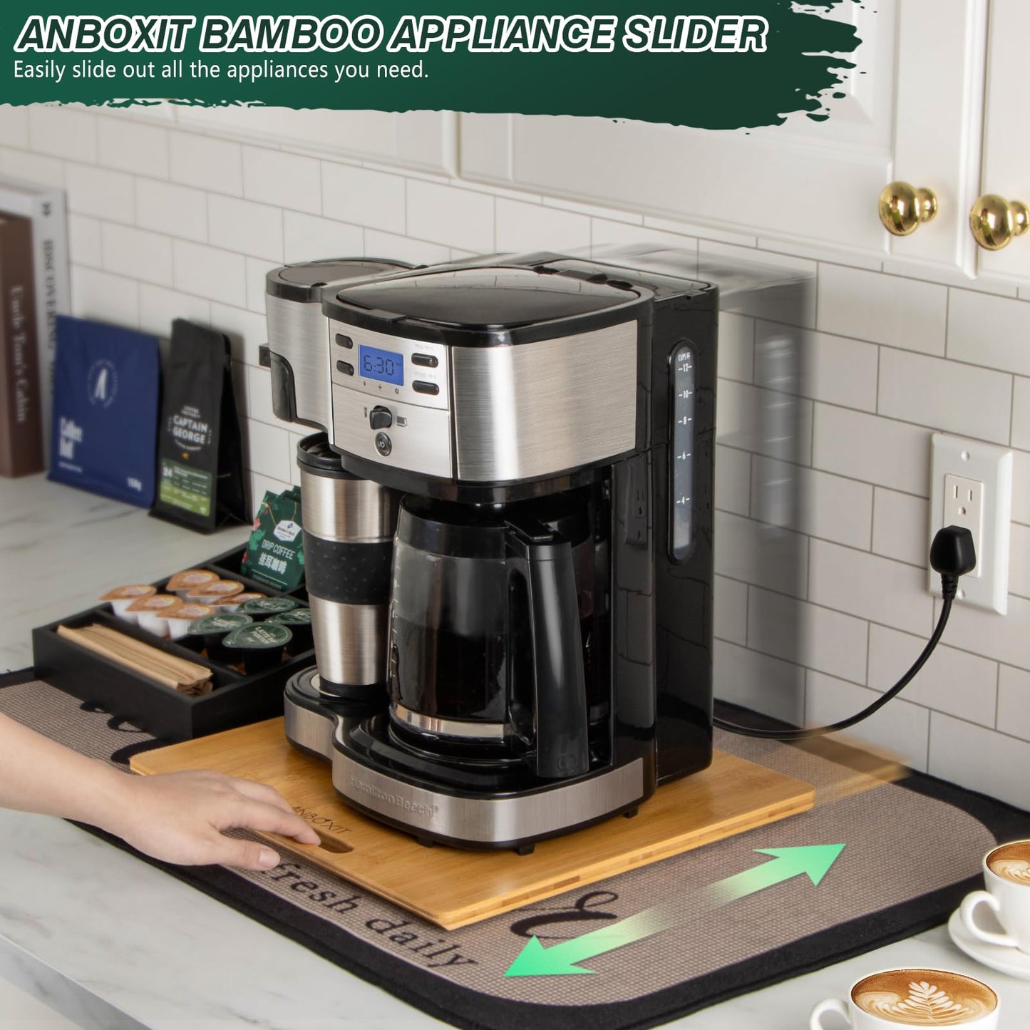 ANBOXIT Appliance Sliding Tray for Coffee Maker, Bamboo Small Appliance Slider for Countertop, Kitchen Pull Out Tray for Coffee Maker, with Rubber Wheels, Wide - Medium (13"D x 14"W)