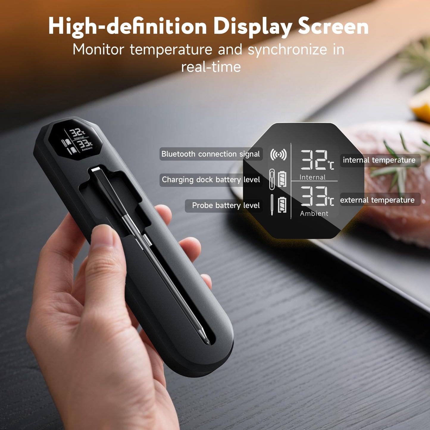 Digital Meat Thermometer Wireless Bluetooth with Smart App, 527°F Heat Resistant Probe, 100m Remote Range,Camping Appliances, Kitchen Essentials for Oven BBQ Grilling and Smoking