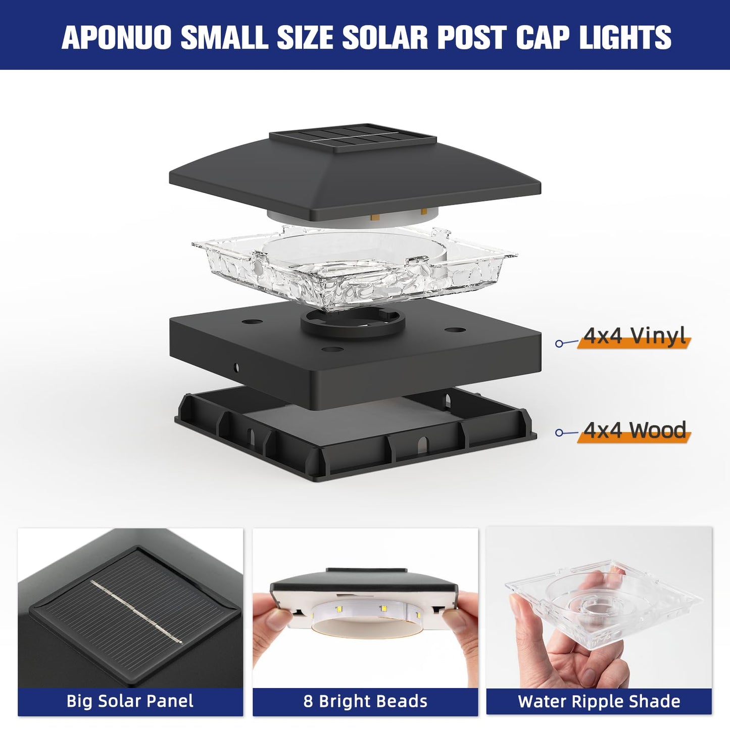 APONUO 4x4 Solar Post Caps Lights, Fence Post Solar Lights Warm White Outdoor Waterproof Garden Patio Fence Deck Decor, Post Cap Solar Light for Fence Deck Post 4x4 Wood Vinyl, Black 6 Pack