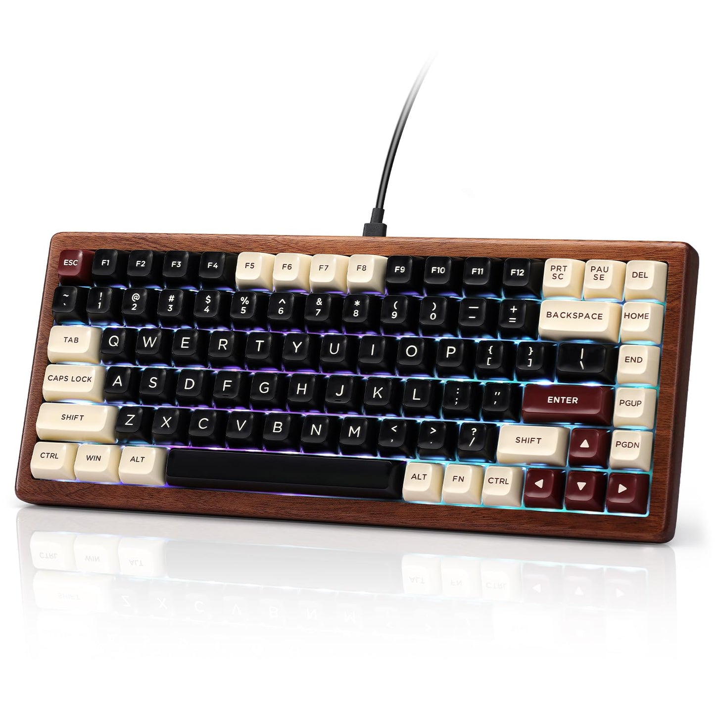 GLENCREAG WK84 USB-C Wired Wooden Mechanical Keyboard, 75% Layout 84 Keys, Gasket Mount, RGB Backlit, Hot-Swappable Green Switches, QMK/VIA Programmable, for Gaming & Typing