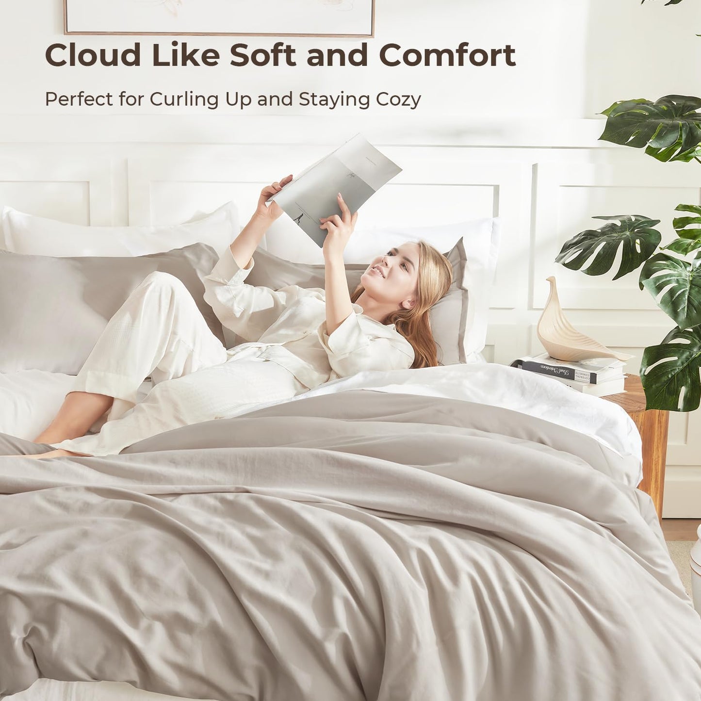 Litanika Linen Grey Comforter Set Queen Size, 3 Pieces Lightweight Solid Bedding Comforter Set, All Season Fluffy Bed Set (90x90In Comforter & 2 Pillowcases)