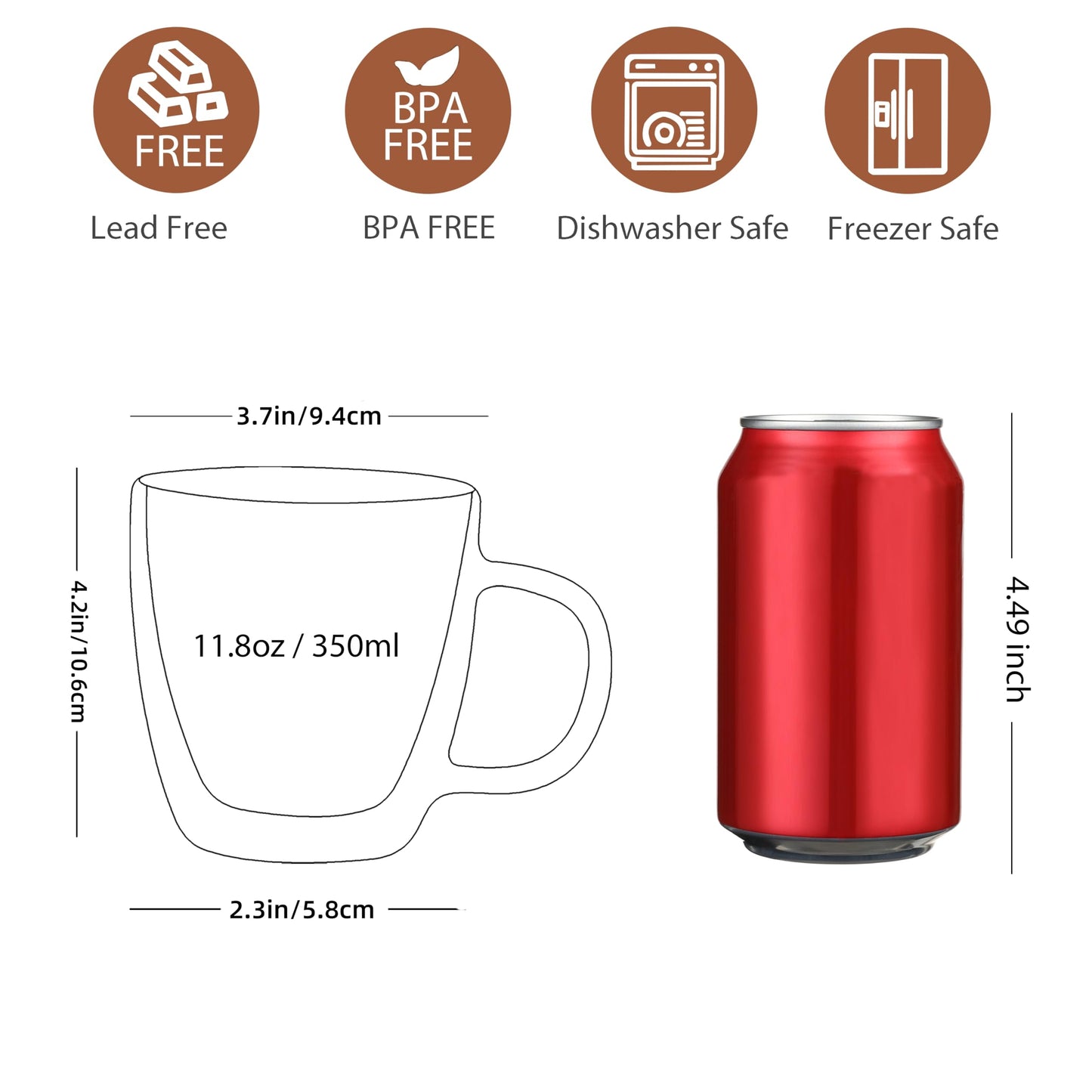 CNGLASS Double Wall Glass Coffee Mugs 12 oz,Insulated Glass Coffee Cups with Handle,Clear Coffee,Cappuccino Cups,Tea Cups,Latte Cups,Beverage Heat Resistant,Set of 2