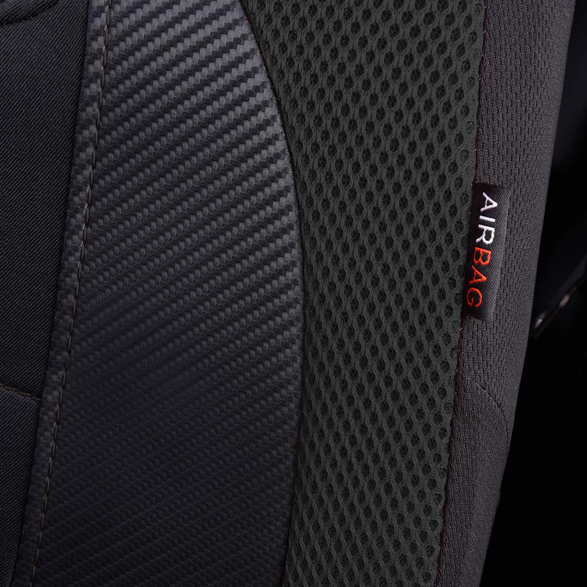 Flying Banner car seat Covers Quality Carbon Fiber Faux Leather Mesh Fabric Sport Low High Back Bucket Back Pocket Arm Rest Car SUV Truck Pick UP (2 Fronts - Low Bucket, Black)