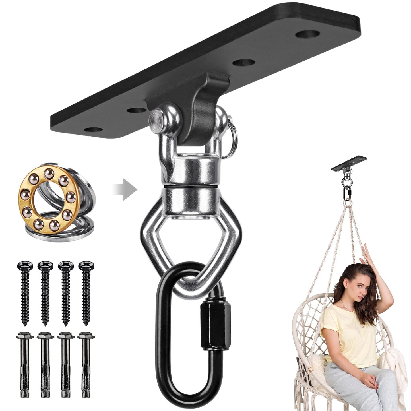 BeneLabel - Swing Ceiling Bracket with Bearing, 900 lbs Capacity, Heavy Bag Hanger, Stainless Steel Hanging Chair Bracket, 360° Swing Hardware for Silks