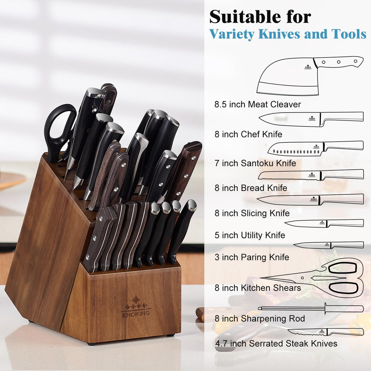 ENOKING Knife Block Without Knives, Large Knife Holder- 25 Slots Acacia Wood Universal Knife Block, Butcher Block Countertop for Knife Storage Organizer