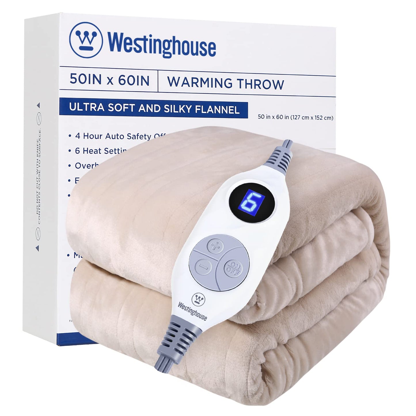 Westinghouse Electric Blanket Throw Heated Blanket with 6 Heating Levels and 2-10 Hours Time Settings, Flannel Super Cozy Heated Blanket Machine Washable (Beige, Throw Size 50 * 60")