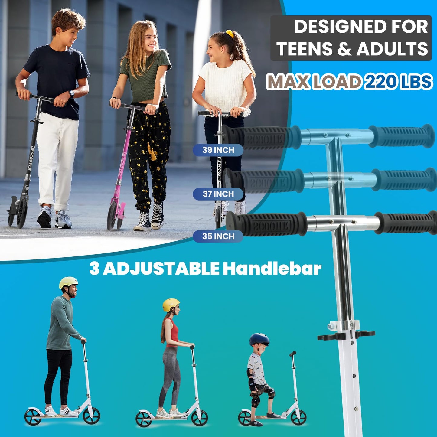 Leefleuy Folding Big Wheel Scooter for Kids Ages 6+,3 Adjustable Levels and Kick Stand,Kids Scooter Age 8-12,City Scooter for Teens & Adults 11-15 (White)