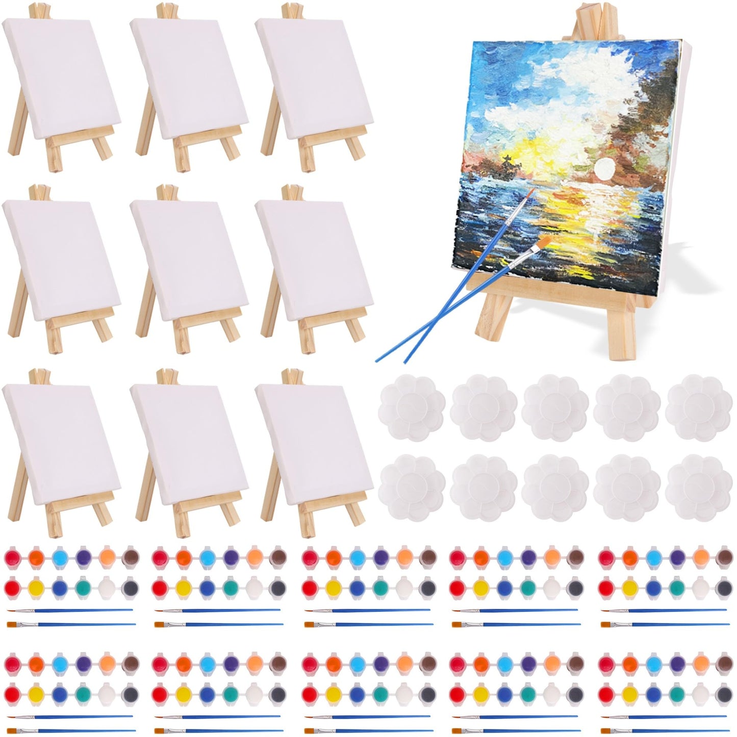 10 Sets Acrylic Paint Kit with 4 x 4 Inch Mini Canvases, Stretched Easel, Acrylic Paint, Palette and Brush, Art Set for Artist Kids Birthday Party Supplies Favors