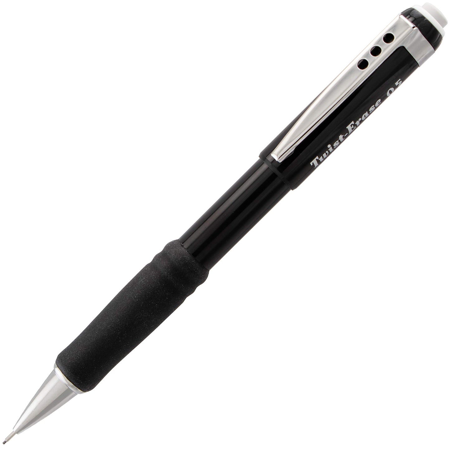 Pentel Twist-Erase III Mechanical Pencil, Writing, Drawing, School Supplies, Large Retractable Eraser, 0.5mm Fine Point, Black Barrel, QE515-A, Box of 12