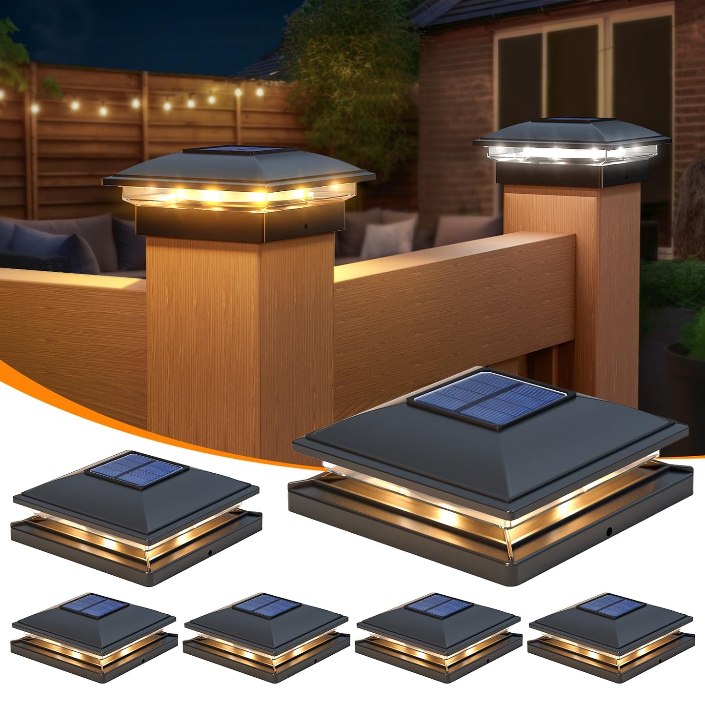 APONUO 4x4 Solar Post Caps Lights,2-Modes Bright Fence Post Solar Lights Outdoor Waterproof Garden Patio Fence Deck Decor for Fence Deck Caps 4x4,6x6 Wood,4x4,5x5 Vinyl,Black,6 Pack