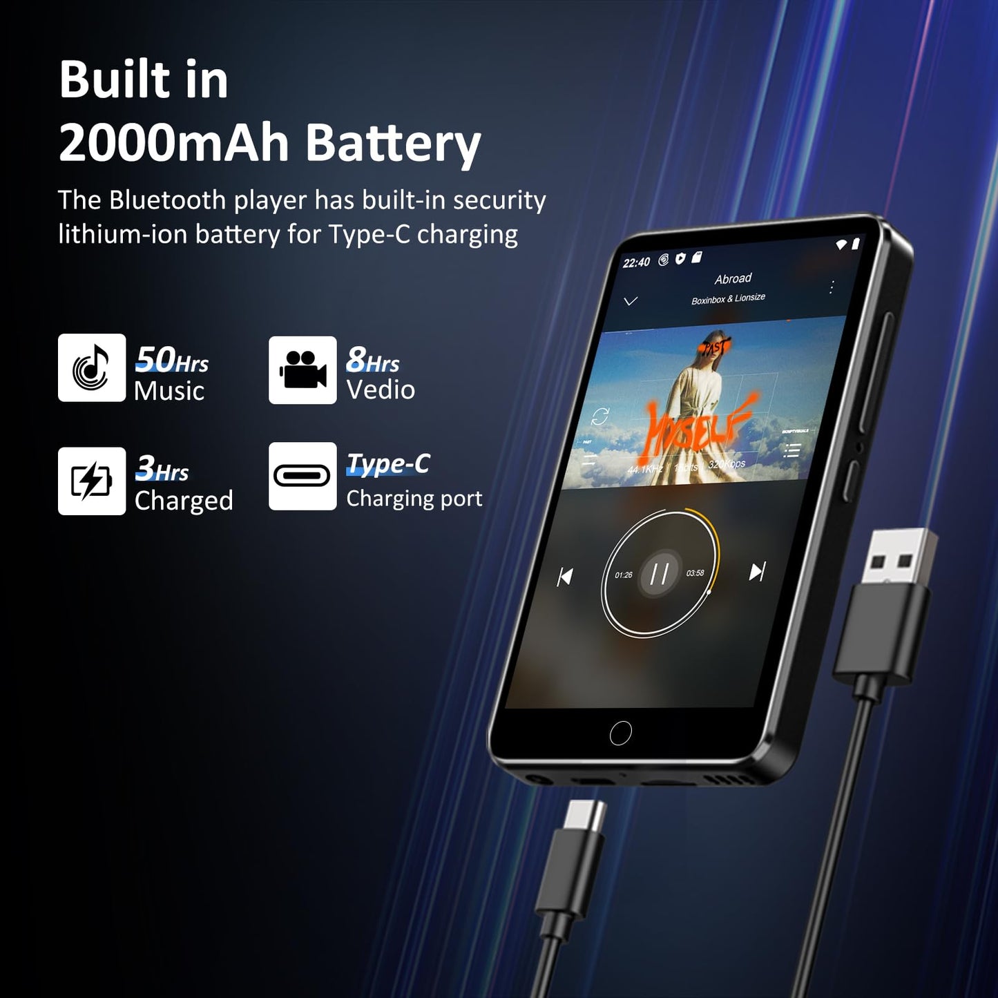 80GB MP3 Player with Bluetooth and WiFi, 4-inch Touch Screen MP3 Player with Bluetooth ， with Spotify, SpotifyKids, Audible, Andora, Amazon Player,