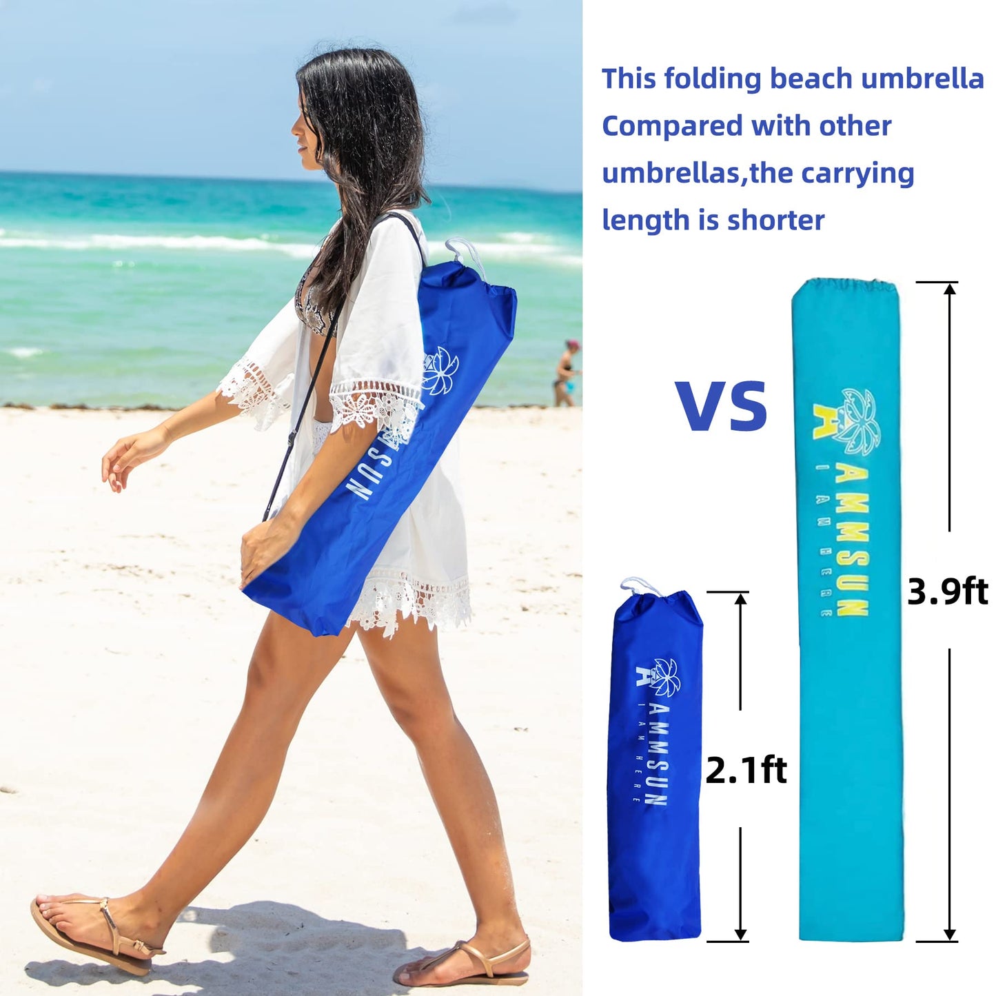AMMSUN 6ft Folded Portable Travel Beach Umbrella with Sand Anchor, Tilt and Air vent UPF 50+UV Protection fit in suitcase Portable Compact Foldable beach umbrella for Patio Garden Beach Pool Blue