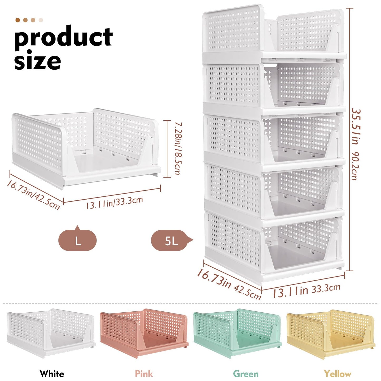 SNSLXH 5 Pack White Stackable Closet Organizer Box, Multifunctional & Foldable Storage Basket for Bathroom, Kitchen, Laundry Room, Wardrobe, Space-Saving Clothes Storage Drawer Organizer
