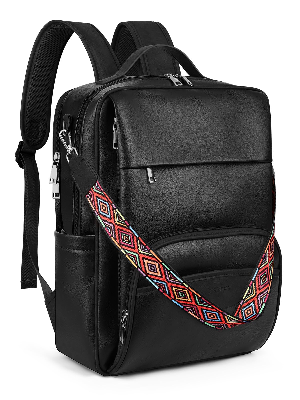 SYTRAH Leather Laptop Backpack, 15.6 Inch Business Computer Bag, Designer College Backpack Travel Backpack with Colorful Shoulder Bag Strap Black