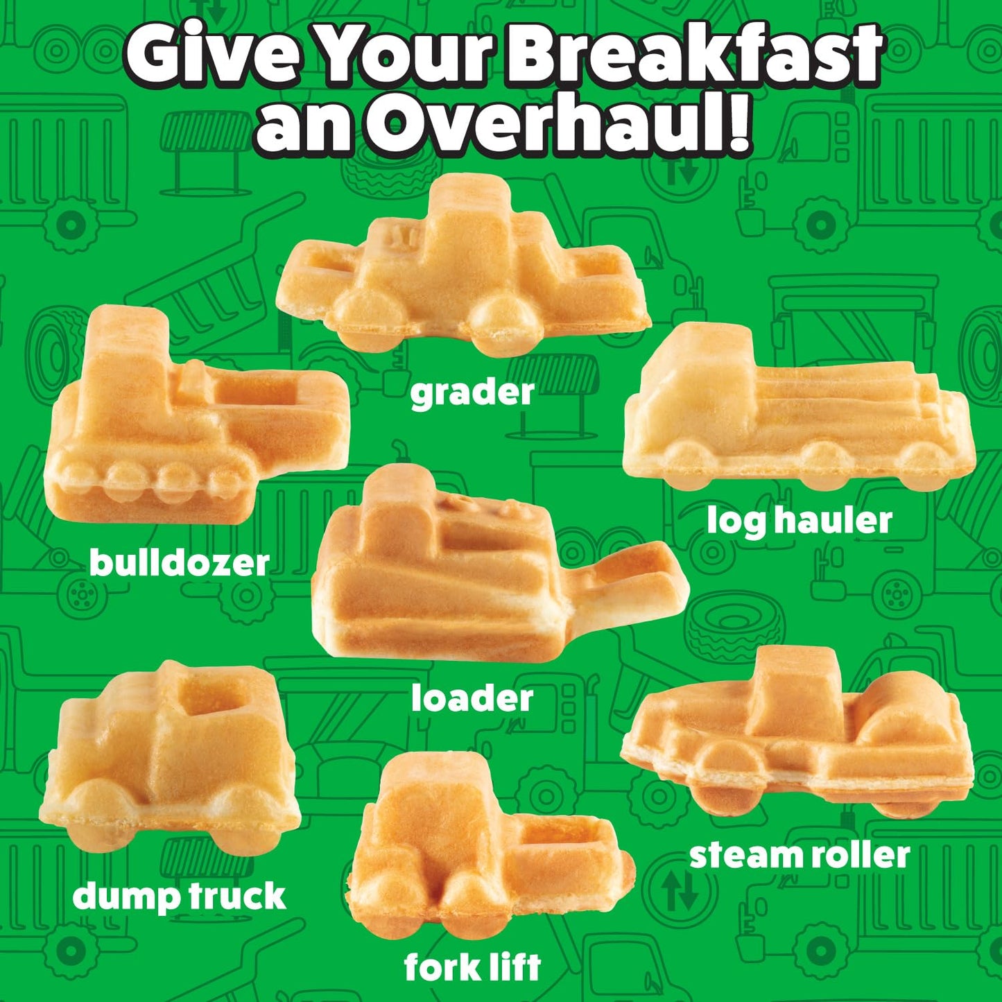 Construction Trucks Mini Waffle Maker - Make 7 Fun, Different Vehicle Shaped Pancakes Featuring a Bulldozer, Forklift & More - Electric Non-Stick Pan Cake Car Waffler Iron