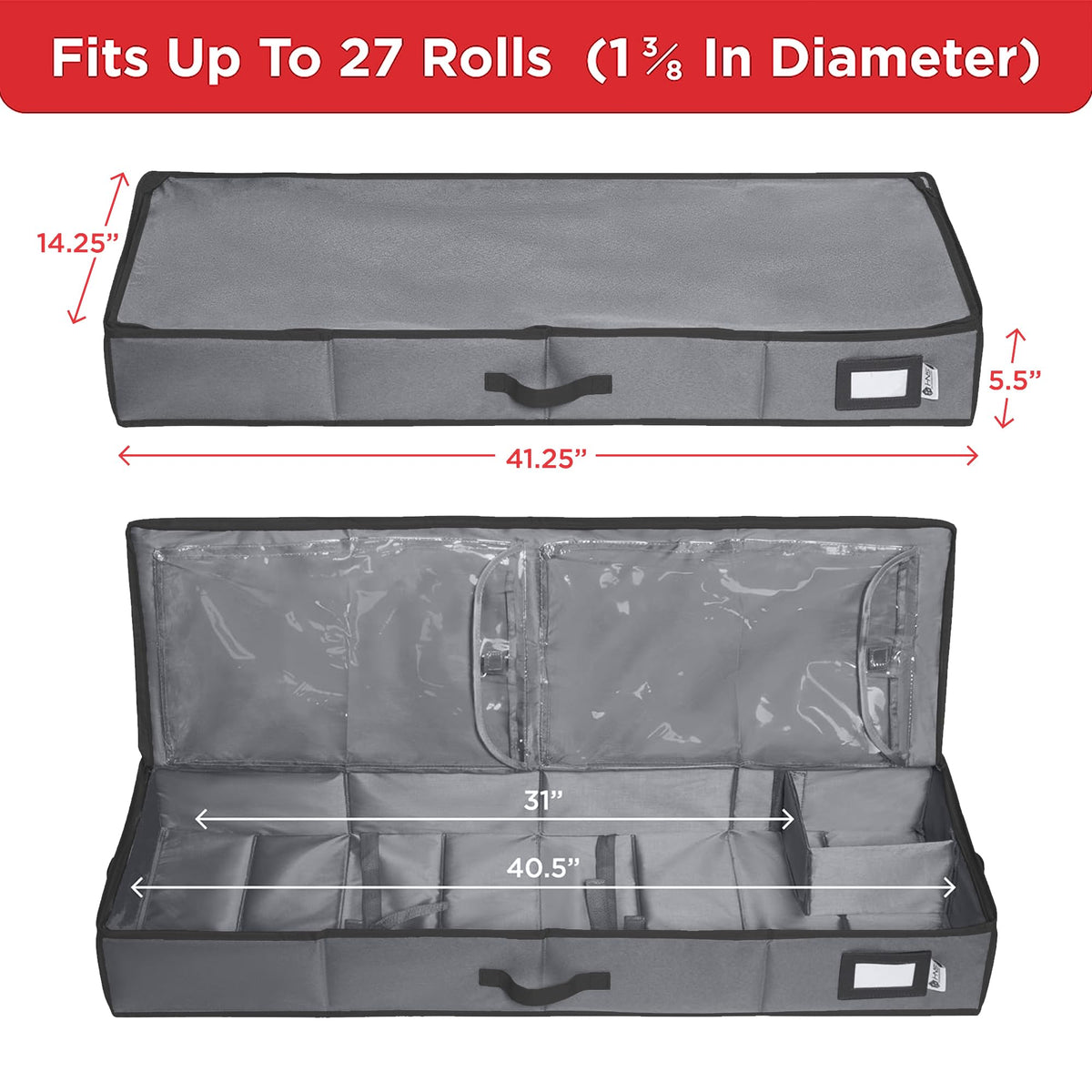 Wrapping Paper Storage Container - Fits up to 27 Rolls 1 3/8” Diam. - Underbed Gift Wrap Organizer Bags, Wrapping Paper Rolls, Ribbon, and Bows - Under Bed- Durable Material 600D - Up to 40” Rolls