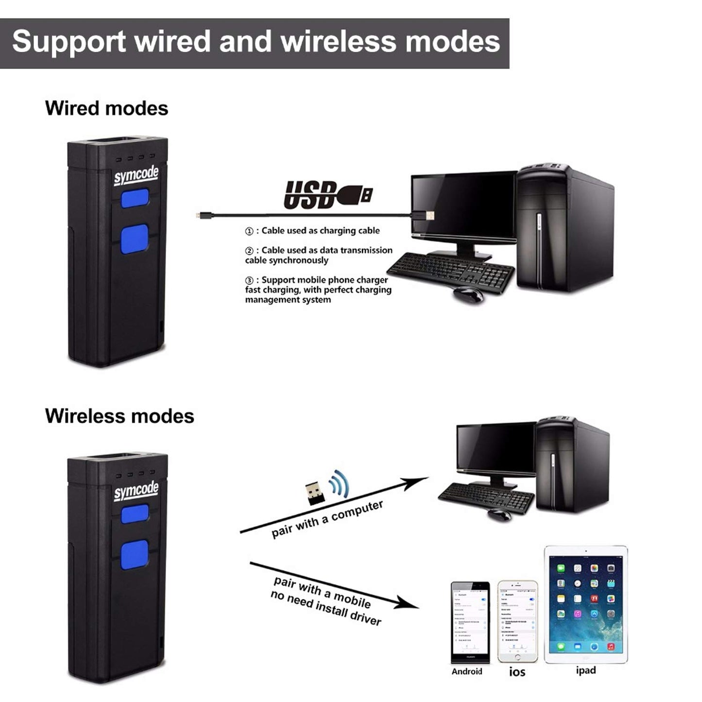 USB Bluetooth Barcode Scanner,Symcode 1D Mini Wireless Handheld Laser Barcode Scanner Reader For POS/Android/IOS/Imac/Ipad with Bluetooth 4.0 Receiver