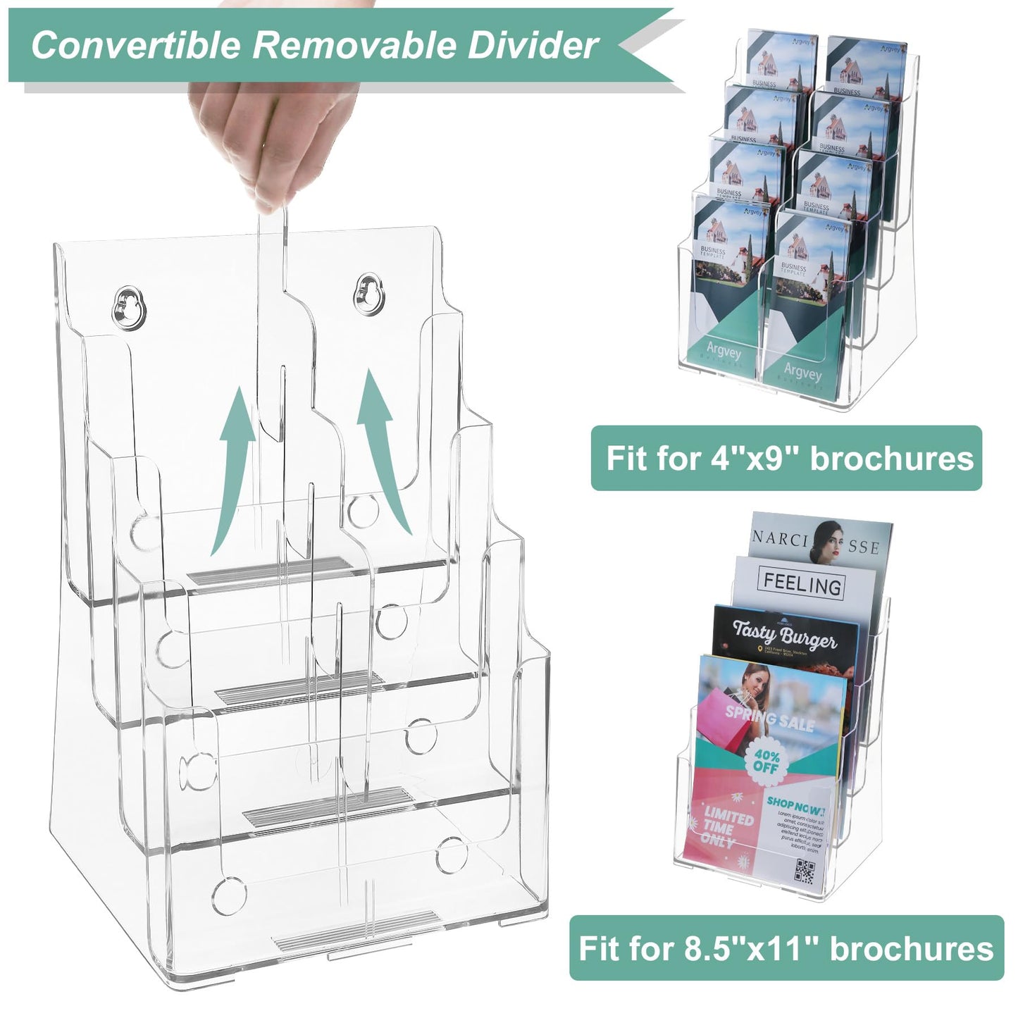 Acrylic Brochure Holder 8.5 x 11 inches, 4 Tier Clear Brochure Display Stand with Removable Divider for Trifold 4 Inches Wide Pamphlet, Plastic Flyer Holder for Magazine, Literature, Booklet