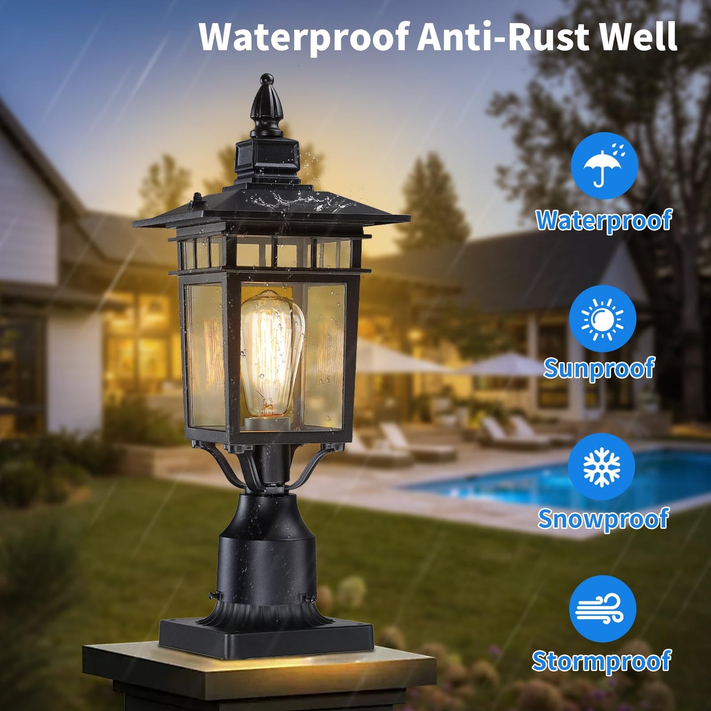 17.6'' Outdoor Post Light 2 Packs, Black Pole Lantern Lighting Fixture Hard Wired, Waterproof Outdoor Column Lights Exterior Lamp Post Lantern with Glass for Garden Path(Not Include Mounting Base)