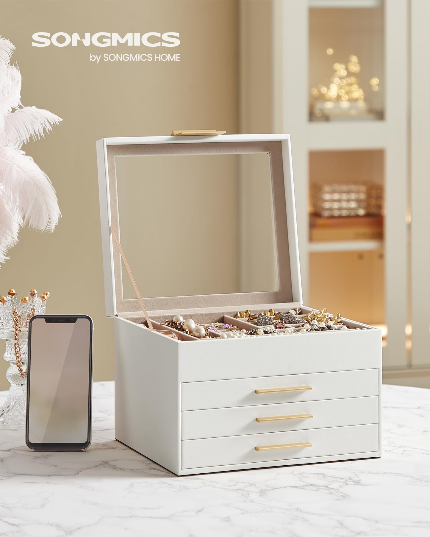 SONGMICS GISELLA Collection - Jewelry Box Organizer, 4-Layer Jewelry Storage with 3 Drawers, Shiny Metal Hardware, Glass Lid, Modern, 20.3 x 23.1 x 16.5 cm, Cloud White and Gold Color UJBC173W01