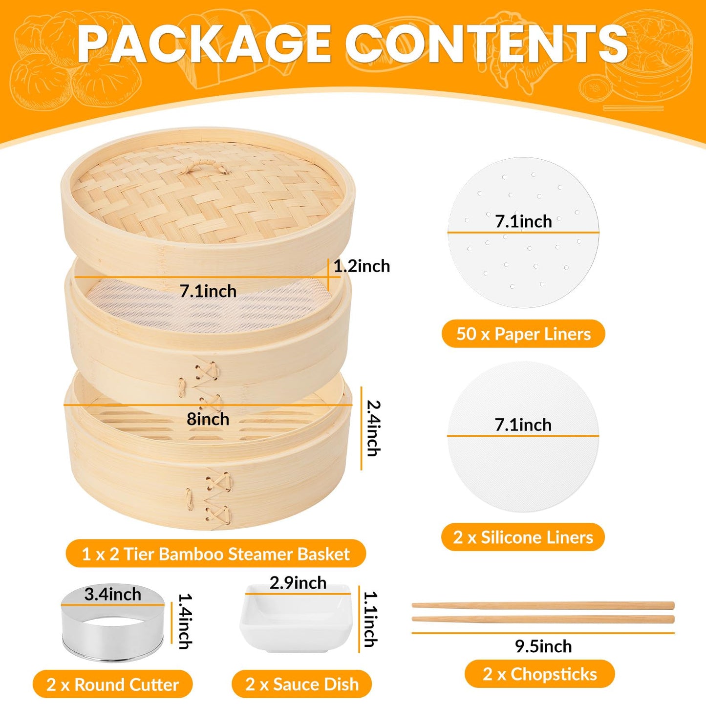 62 PCS 10 Inch 2 Tier Bamboo Steamer, Bamboo Steamer Basket, Dim Sum Basket, with 1Ring Adapter, 2Reusable Silicone Liner, 2 pairs of chopsticks, 2Sauce Dishes, 50Paper Liners, 1Ring