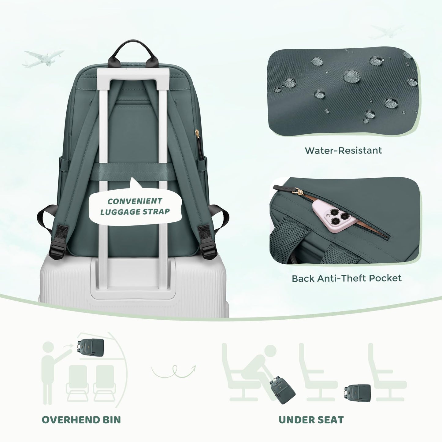 GOLF QUALITY Hiking Travel Backpack for Women Casual Business Weekender Multilayer Laptop Bag,16 Inch,DarkGreen