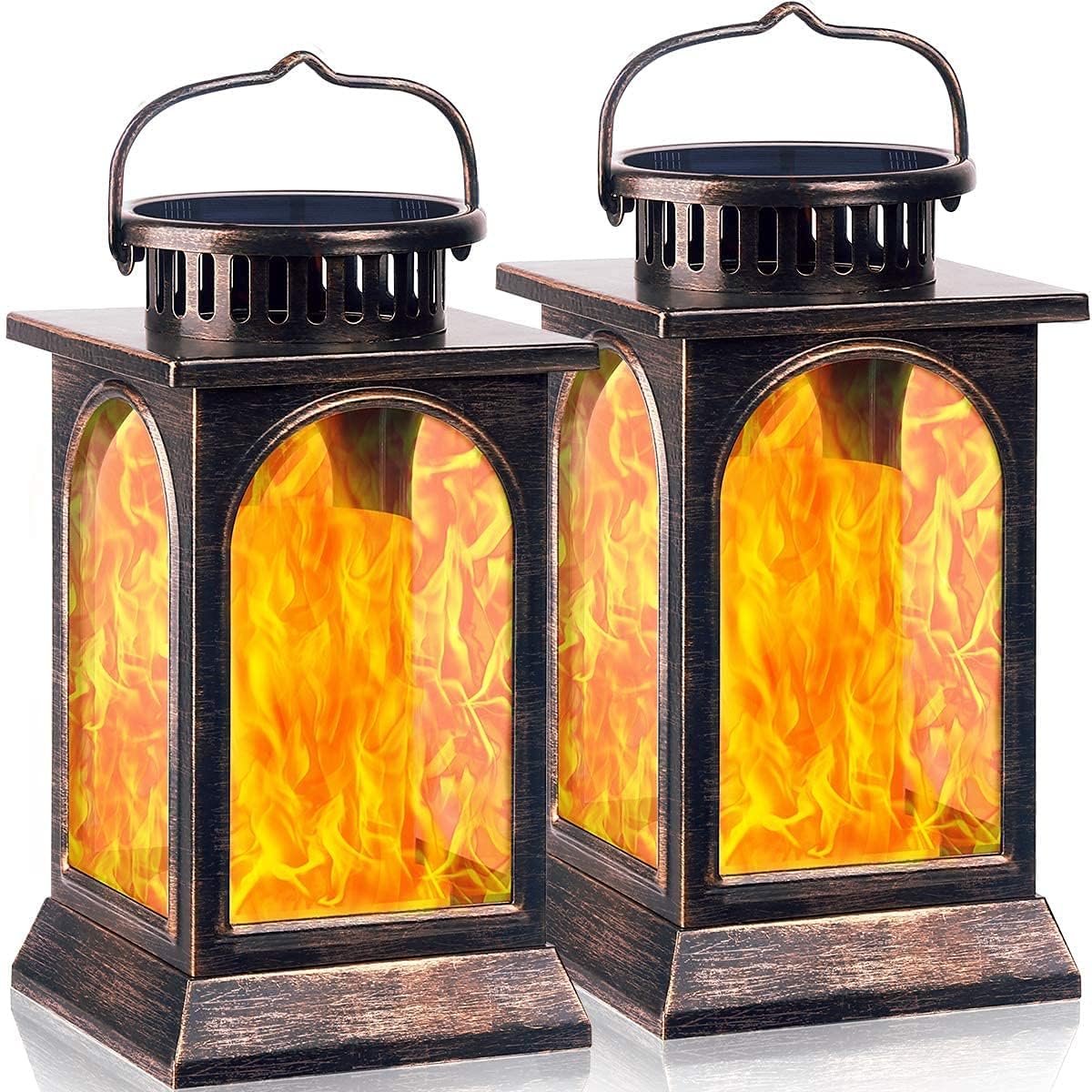 Solarbaby Solar Lantern Lights, Metal Flickering Flame, Solar Lights for Outdoor Use, Hanging Lighting, Solar Powered LED-Flame Lights for Garden, Patio, Path (Bronze, Pack of 2)