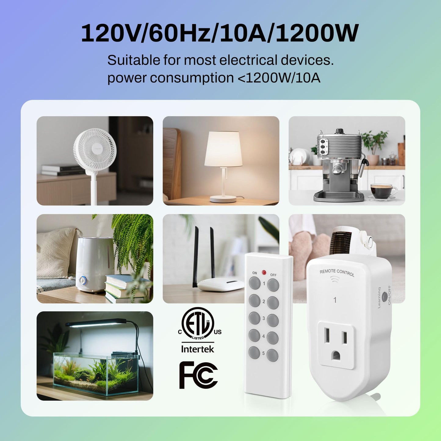 BN-LINK Wireless Remote Control Electrical Outlet Switch for Lights, Fans, Christmas Lights, Small Appliance, Long Range White 10A/1200W,2 Remote + 5 Outlet