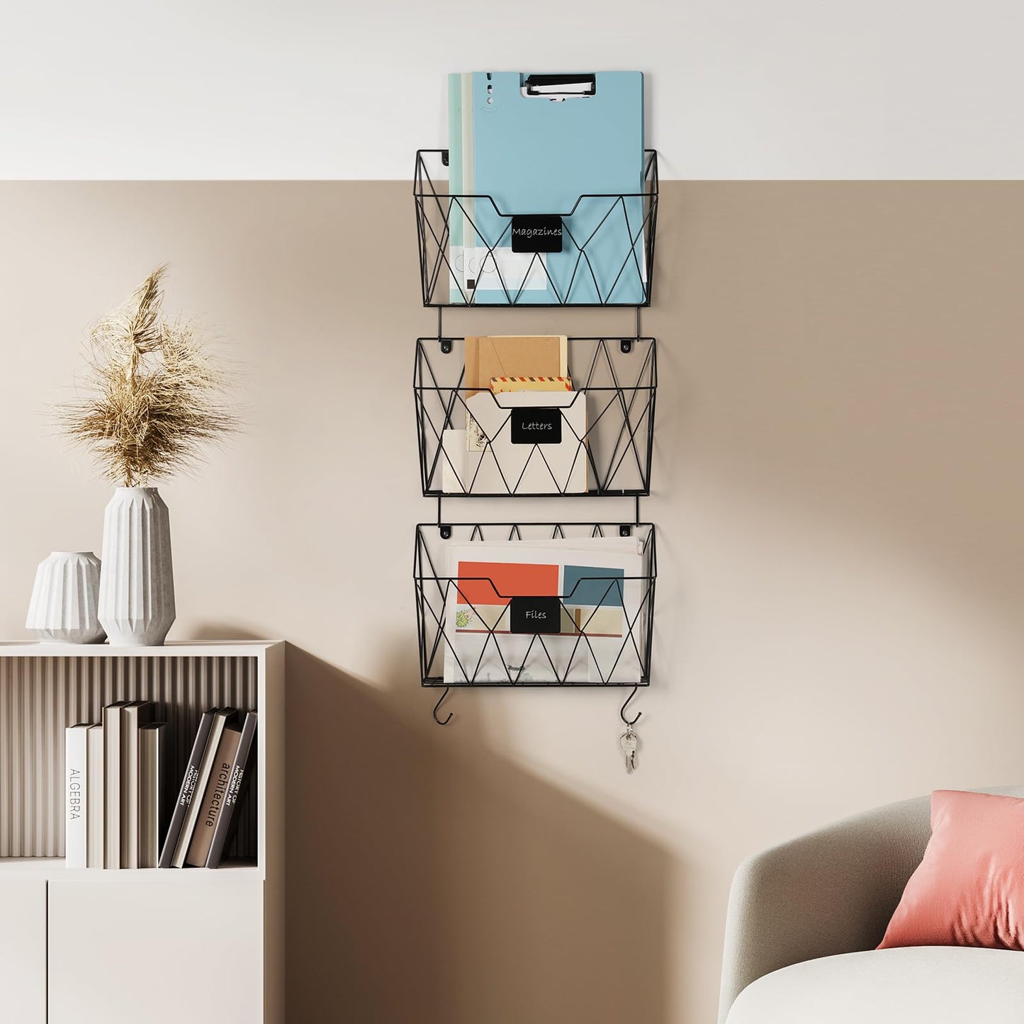 ETELI Hanging Wall File Organizer Holder Rack 3 Pockets Hanging Wall File Holder Wall Mount Mail Organizer Magazine Rack with Metal Hooks for Paper Files Office Home, Black