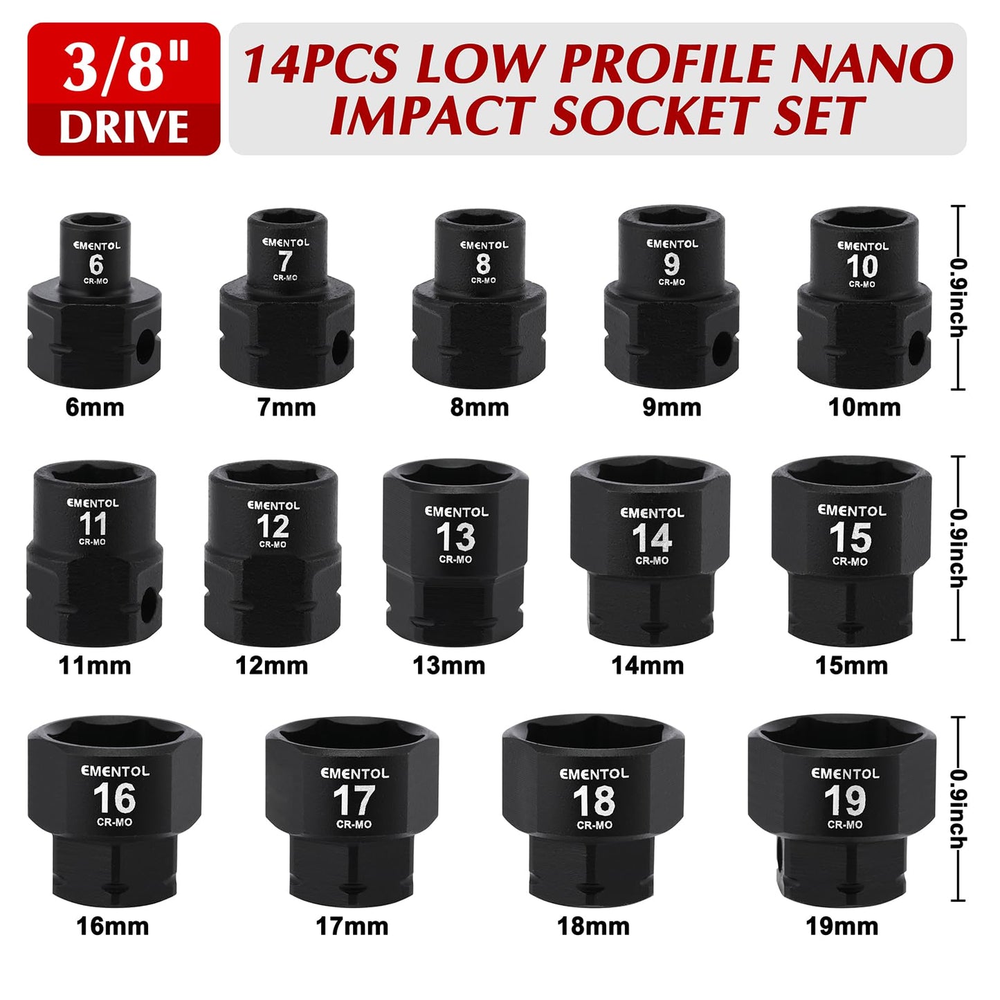 EMENTOL 14PCS 3/8" Drive Low Profile Nano Impact Socket Set, 3/8-Inch Drive Stubby sockets, Metric, 6mm-19mm, CR-MO