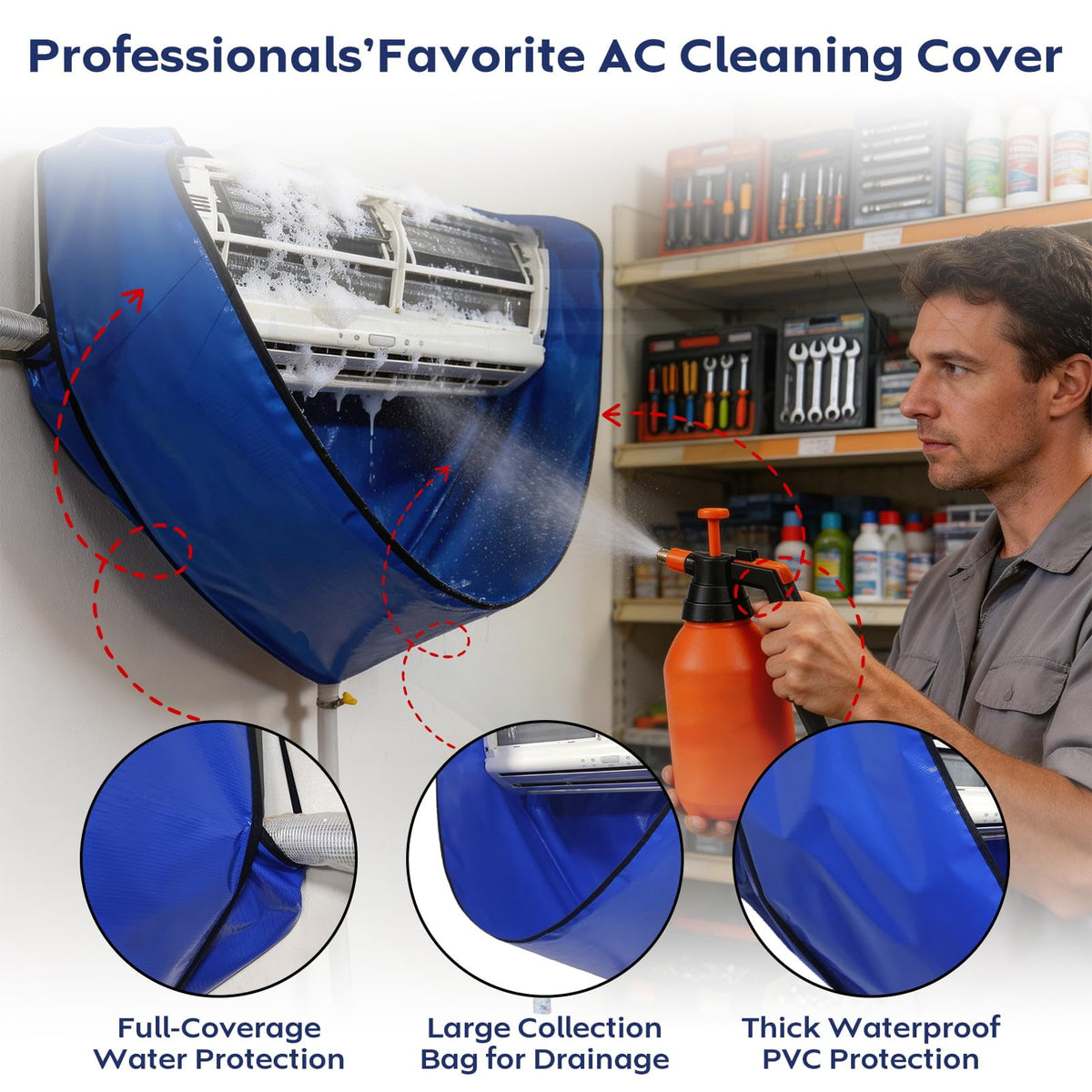 ZSPLIT-MAIR Mini Split Heat Pump Cleaning Kit, Professional Splash Guard AC Cleaning Cover Bag with 2L Pressure Pump Sprayer, Air Conditioner Cleaner Kit for Heat Pumps, Blue L