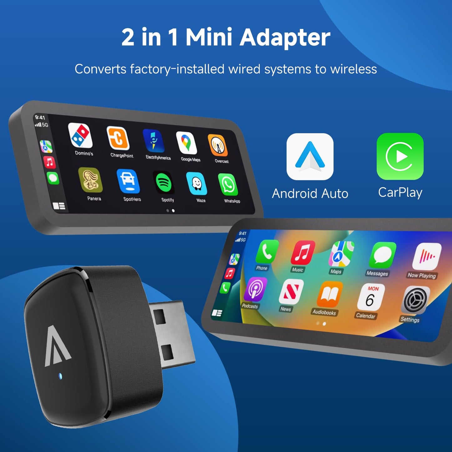 D7 Mini Wireless CarPlay & Android Auto Adapter 2-in-1, 2026, Alloy Shell, Compatible with 2016+ Factory-installed Wired CarPlay/Android Auto Car, Plug & Play Car Play Dongle for iPhone & AndroidPhone