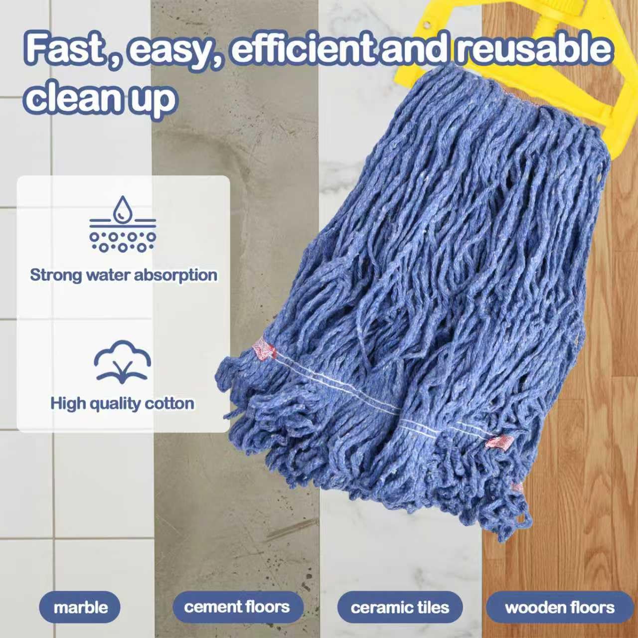 Primero Basics Loop-End Mop Head Replacement – 6 Pack, Blue, Heavy Duty Commercial and Industrial String Mop Refills, Fits Standard 1.25" Handles, Cotton Blend, Janitorial Floor Cleaning Supplies