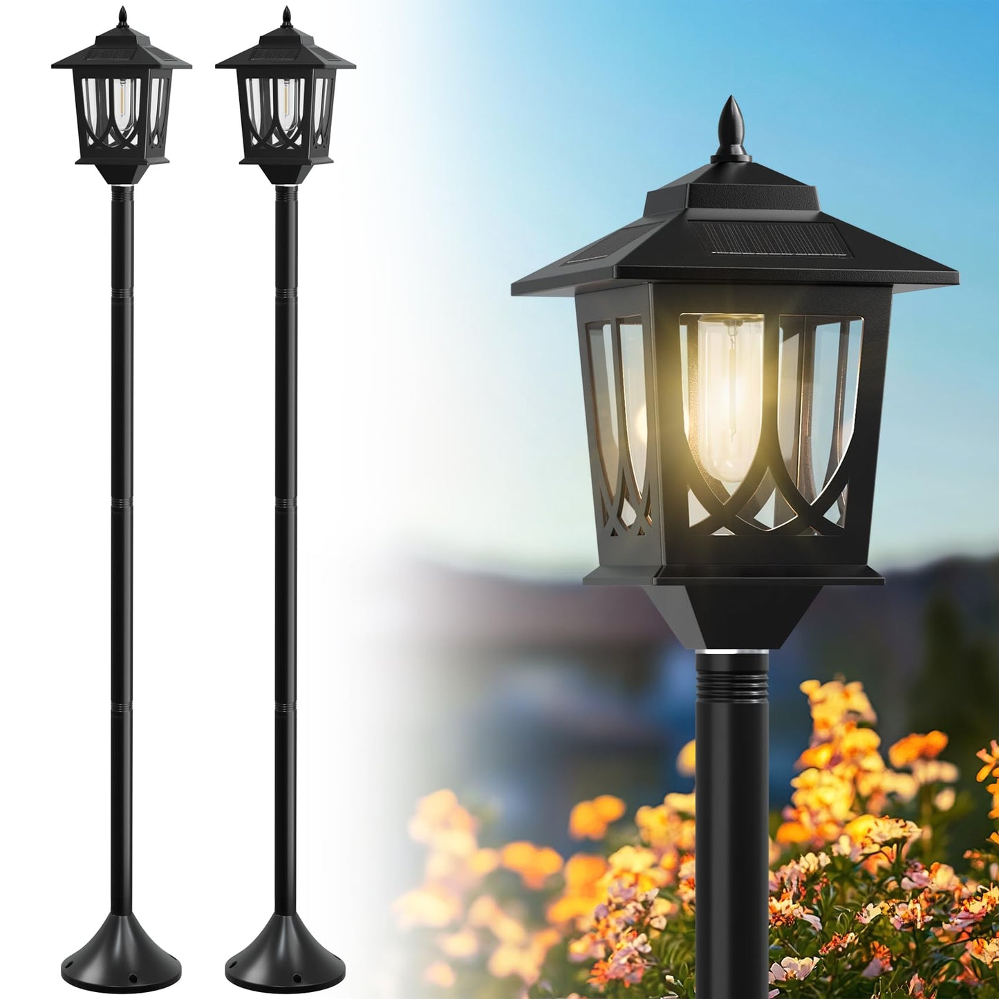 63" Solar Lamp Post Light 2 Pack, Solar Light Posts for Outside Waterproof, Outdoor Lamps for Patio, Backyard, Front Porch Decor, Warm White, Replaceable Bulb