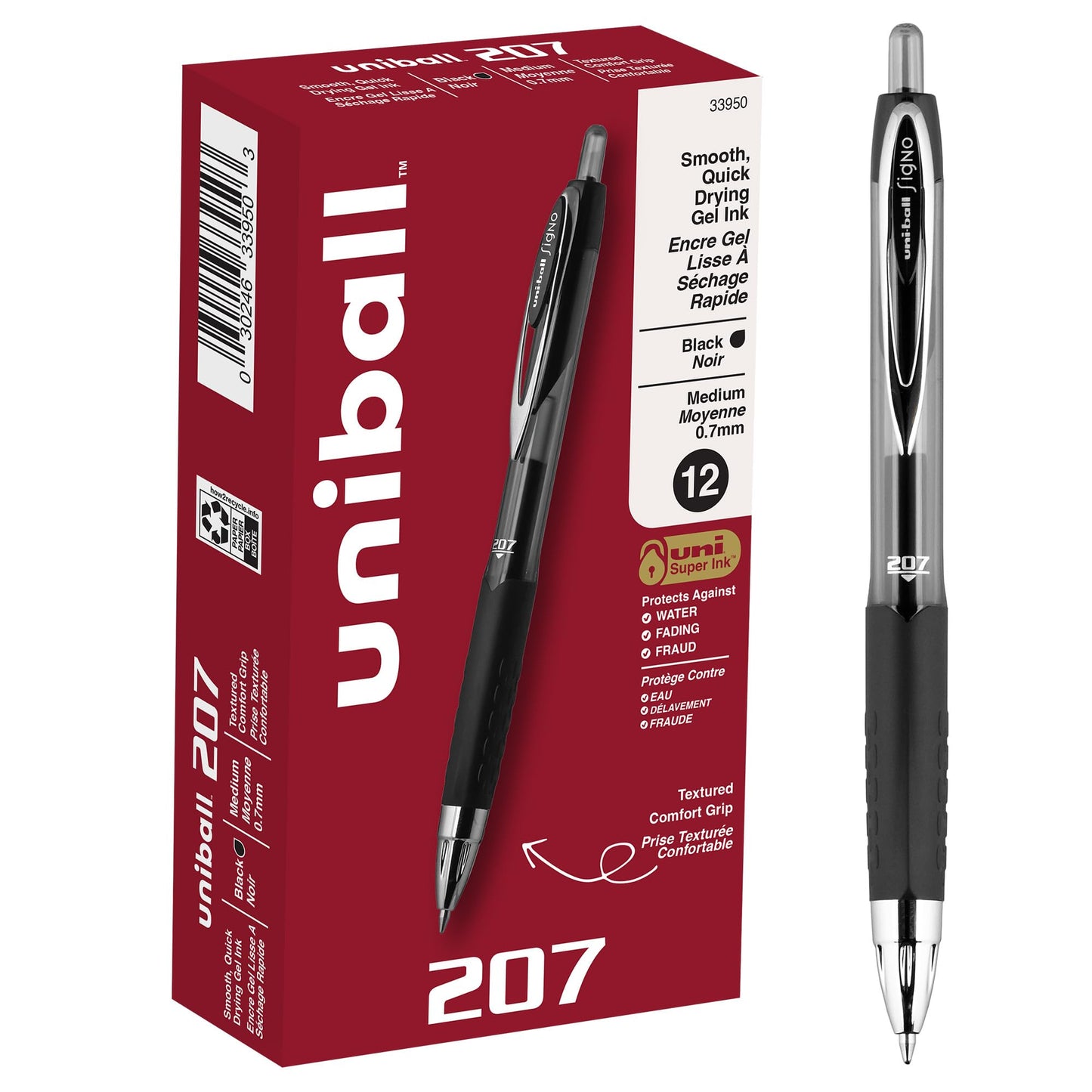 uni-ball 207 Rollerball Gel, Gel Retractable Roller Ball Pen Medium-0.7mm, 12 Pack, Black Ink (33950)