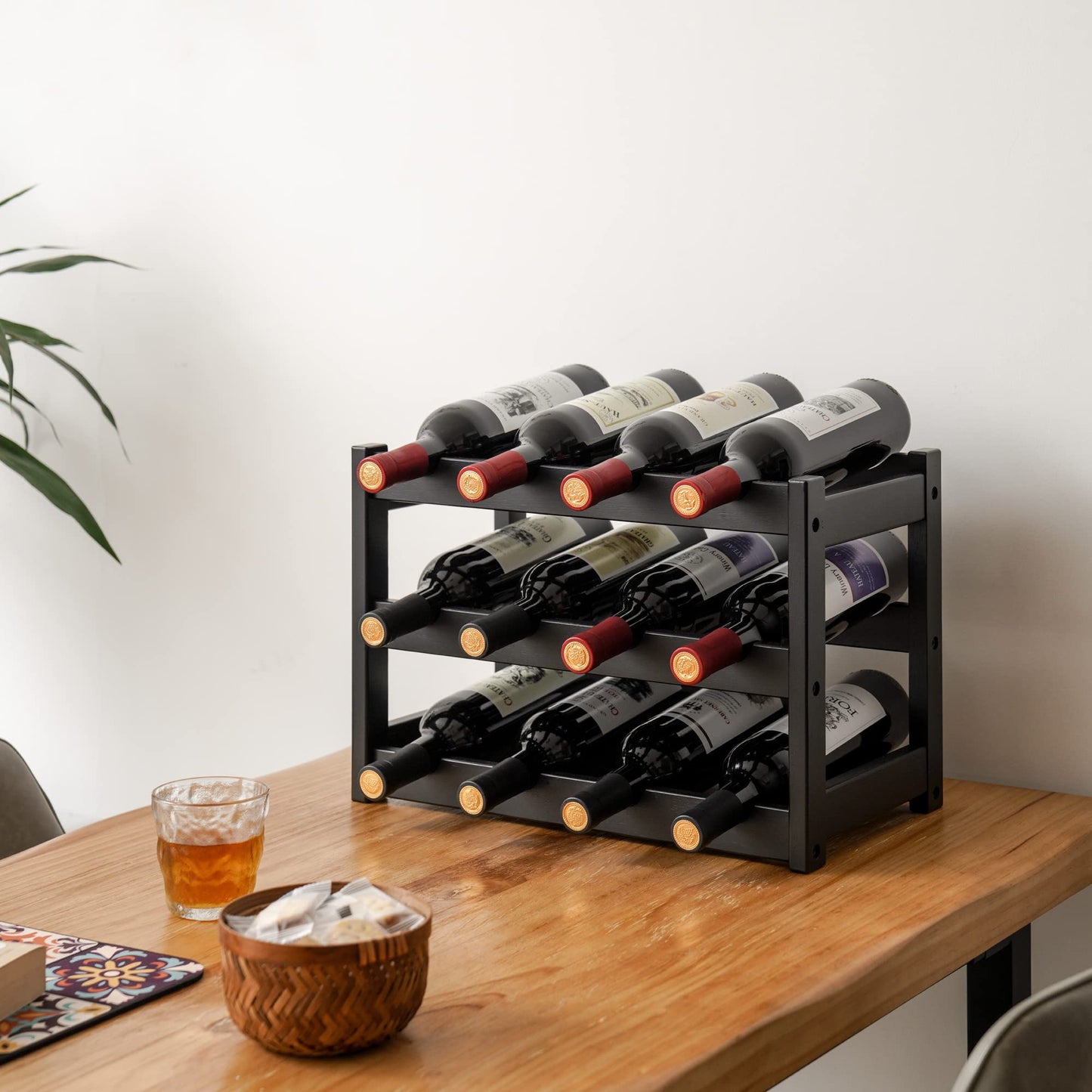 VASMIA Bamboo Wine Rack, Sturdy and Durable Wine Storage Cabinet Shelf, Wine Racks Countertop for Pantry,Kitchen,3-Tier 12 Bottles Wine Rack,Black