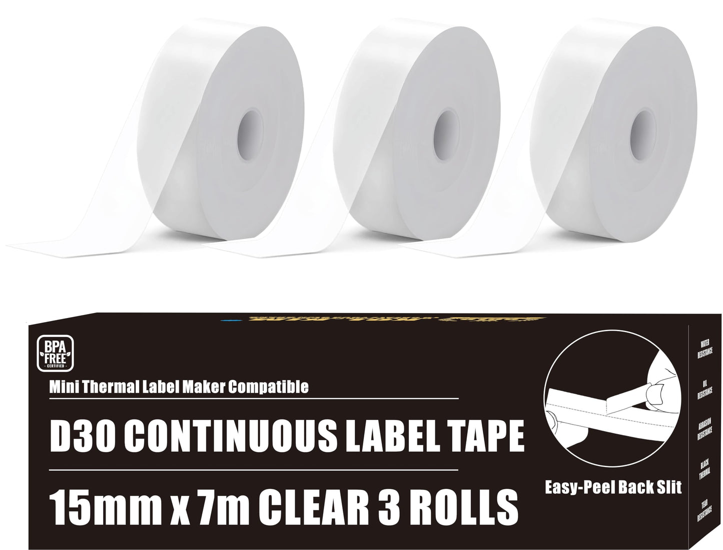 D30 Continuous Label Tape, Transparent Continuous Label Tape Compatible for Phomemo D35 Q30 D30 Printer Print Master D30 Labels Maker Tape Refill for Vretti HP3 HP4 HP6 Clear, 15mm x 6m (0.59" x 20')