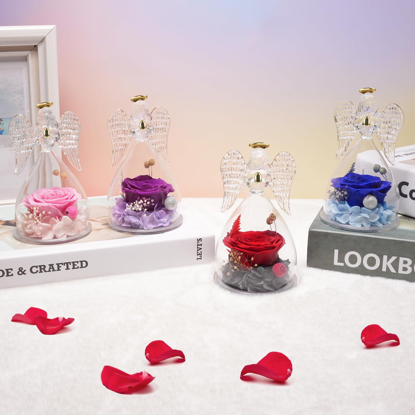 Miofula Preserved Flowers Rose Birthday Gifts for Women, Angel Figurines with Forever Real Rose Gifts for Mom Her Grandma,Unique Angels Gifts for Mothers Day Christmas Valentines Day Anniversary (Red)