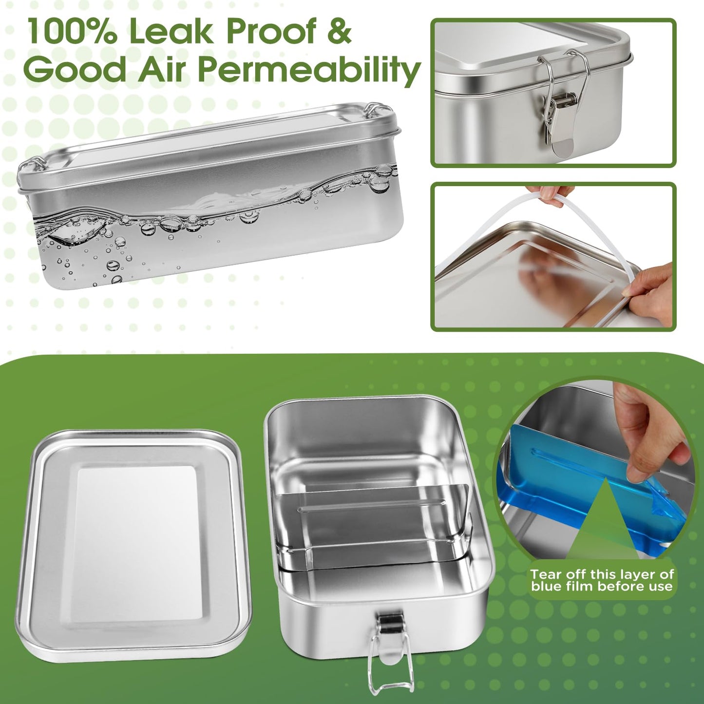 LEEPENK 304 Stainless Steel Lunch Box and Food Containers with Lids 4 Pack 1400/850/550/550ml, Leak-Proof and Stackable Stainless Steel Bento Box for Travel and Work Adults