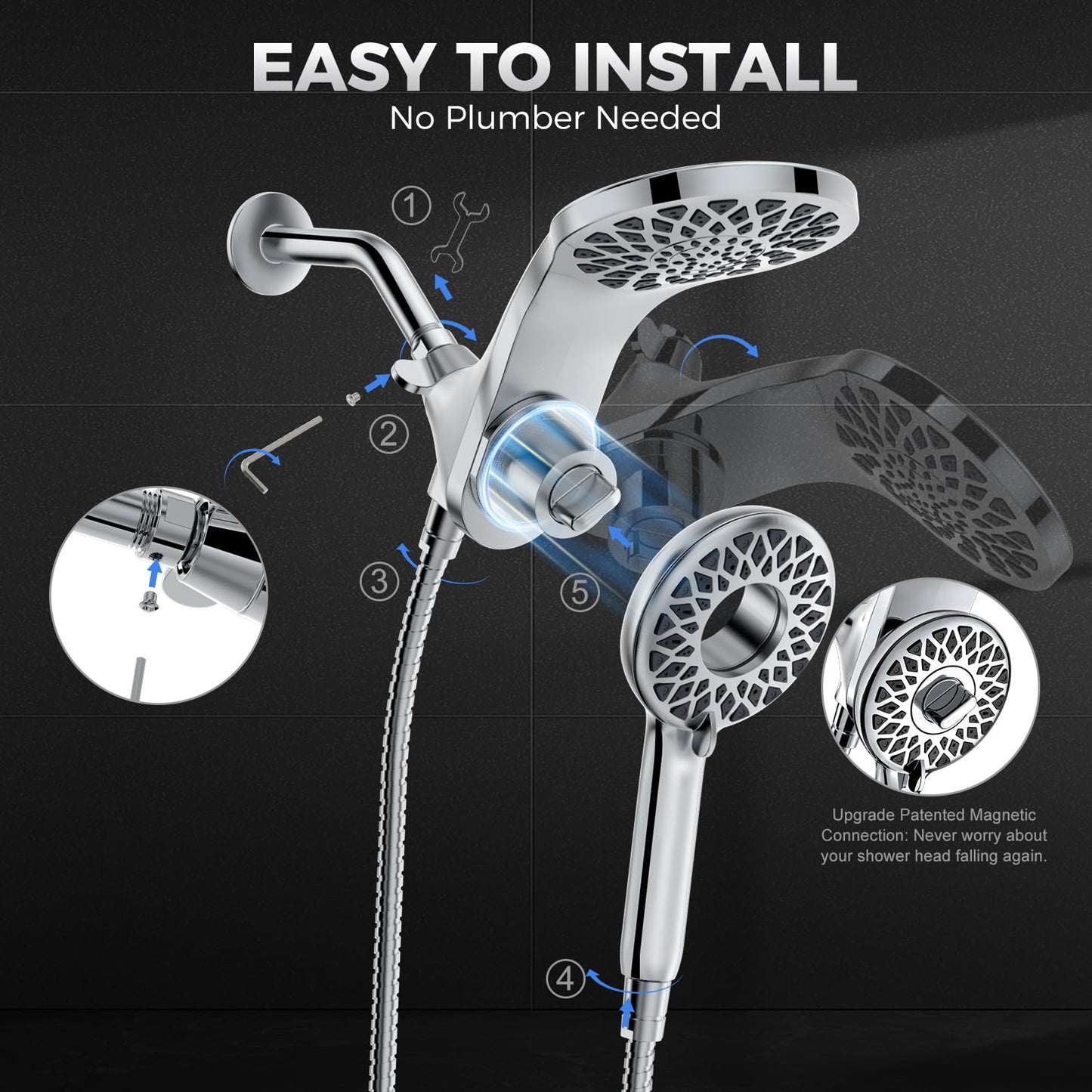 High Pressure Shower Head with Handheld : Rain Shower Head with 10 Sprays Modes - Dual Showerhead with Upgrade Knob Spray Mode Selector and Magnetic Guidance Docking System