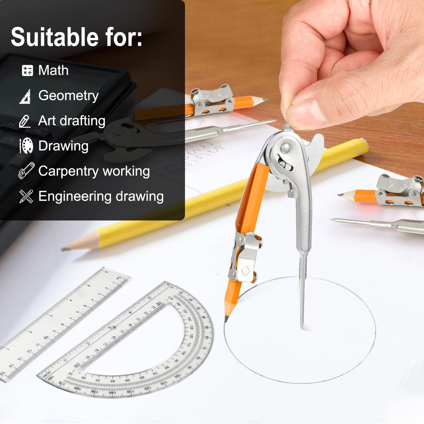 120 Pieces Geometry Math Set Compass for Geometry Math Compass and Protractor Set Include Metal Compass with Pencil Plastic Ruler and Protractor for Student School Office Woodworking Drawing Tools