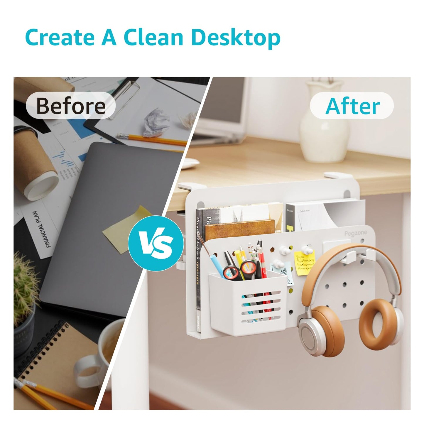 PEGZONE Desk Side Storage Organizer, No Drill Under Desk Laptop Holder, Clamp on Desks Shelf with Pegboard Accessories, Hanging Laptop Mount, Fits Flat Edge 0.4" to 2.2", White