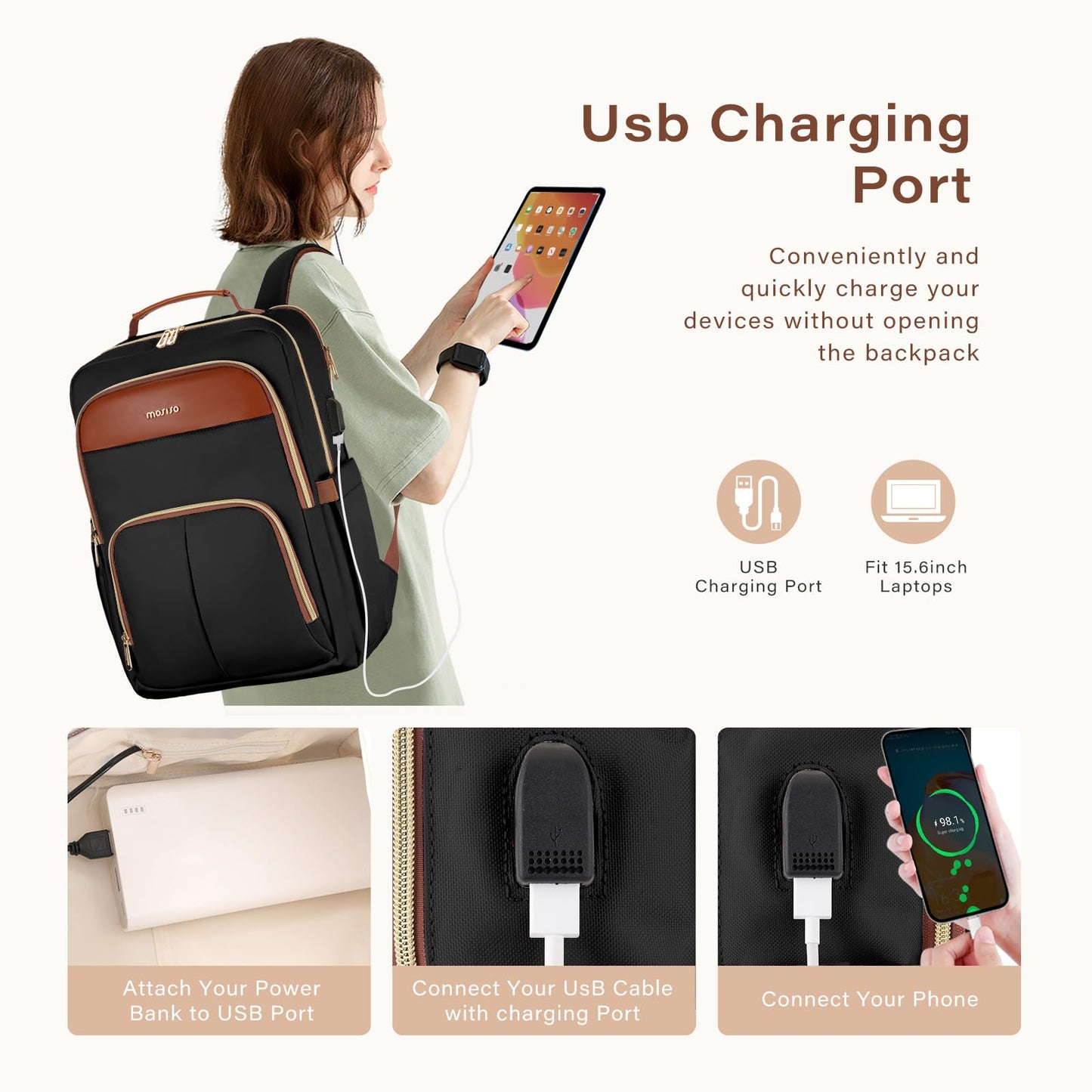 MOSISO Laptop Backpack for Women, 15.6 inch Laptop Bag with USB Charging Port&Front Pocket, Carry on Computer Bag Travel Backpack Casual Daypack for Office College Work Business, Black