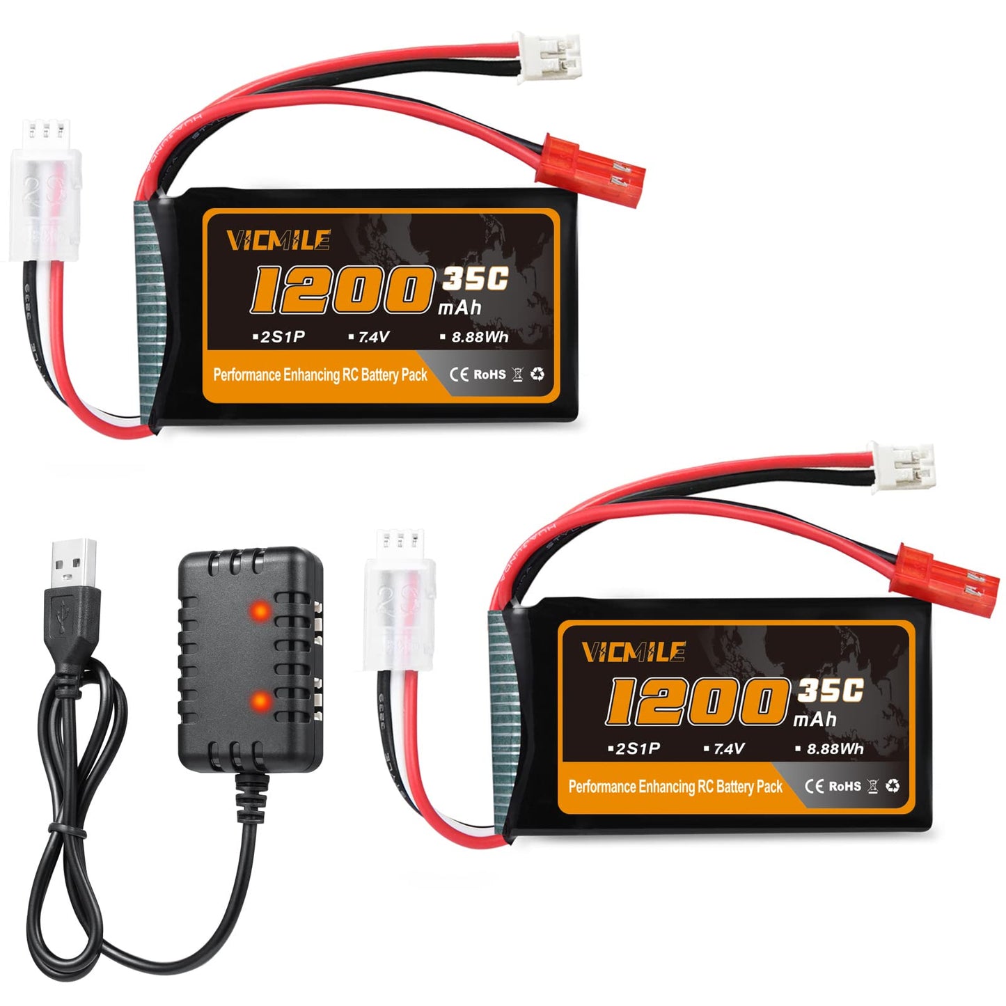 VICMILE 7.4V 1200mAh Lipo Battery 2S 35C SCX24 Lipo Batteries with PH2.0&JST Plug Rechargeable Lithium Battery with 2 in 1 USB Charger Fit for Most 1/10 1/16 1/18 1/24 RC Cars